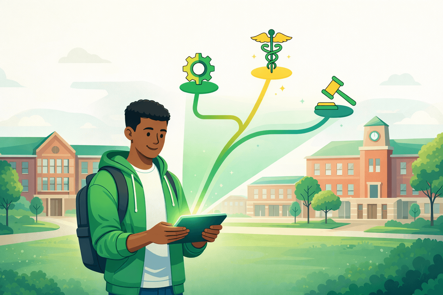 Student exploring career paths — Engineering, Medicine, Law